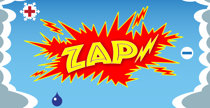 Cartoon illustration of red colored lightning with text Zap! in the middle.