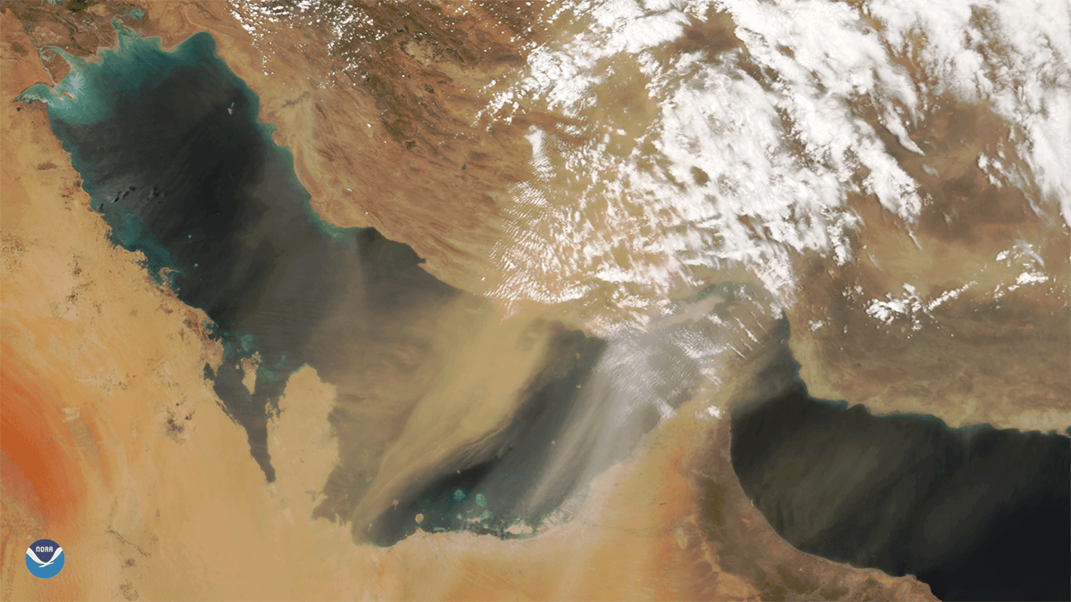 NOAA-20 weather satellite image of a large dust storm over the Persian Gulf on May 13, 2018