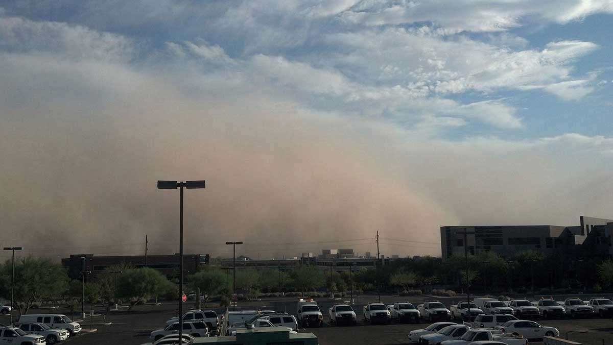 A dust storm approaches downtown Phoenix