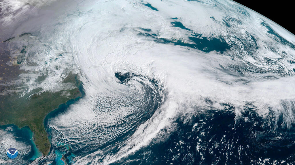 An image of a Nor'easter off the coast of New England captured by a NOAA geostationary satellite called GOES-East. Credit: NOAA