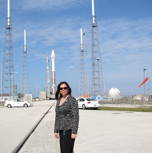 Calero stands at the launchpad shortly before the launch of the TDRS-K spacecraft at Kennedy Space Center.