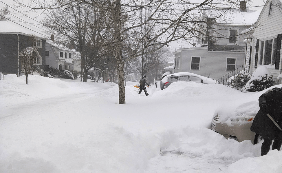A photograph showing snowfall from a January 2015 nor'easter in Watertown, Massachusetts. 