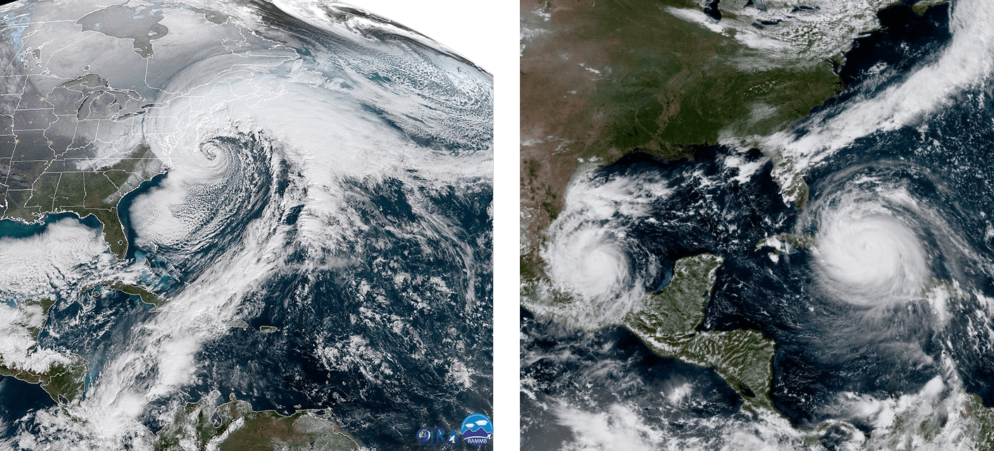 side by side photographs of a noreaster on the left and two hurricanes on the right