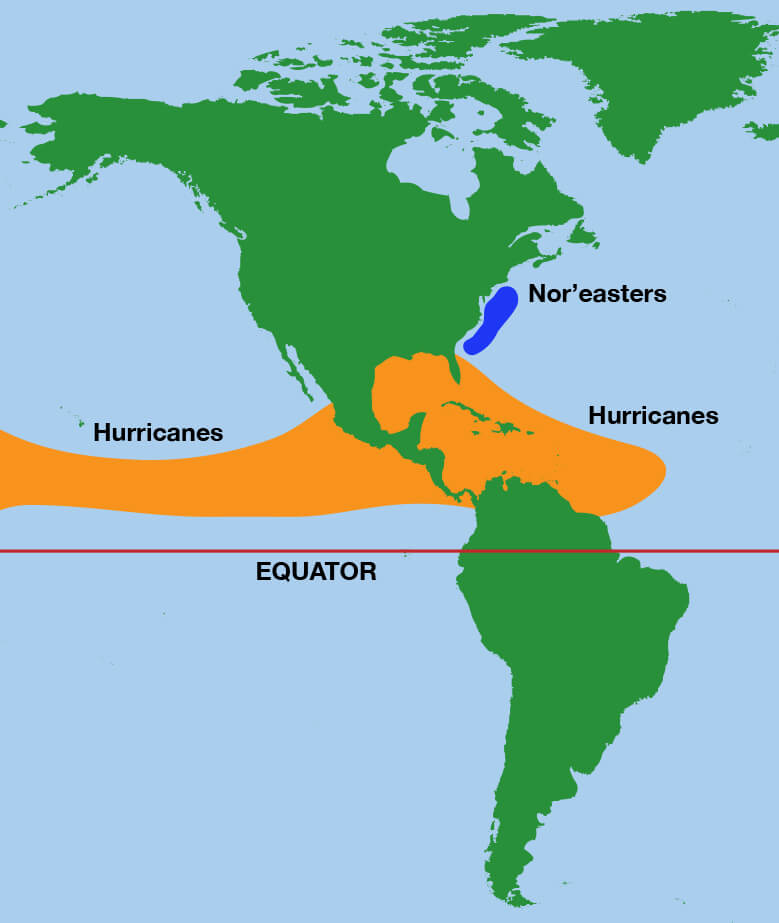 illustration of a map of North and South America showing that hurricanes form in the tropics and noreasters form further north near the northeastern United States