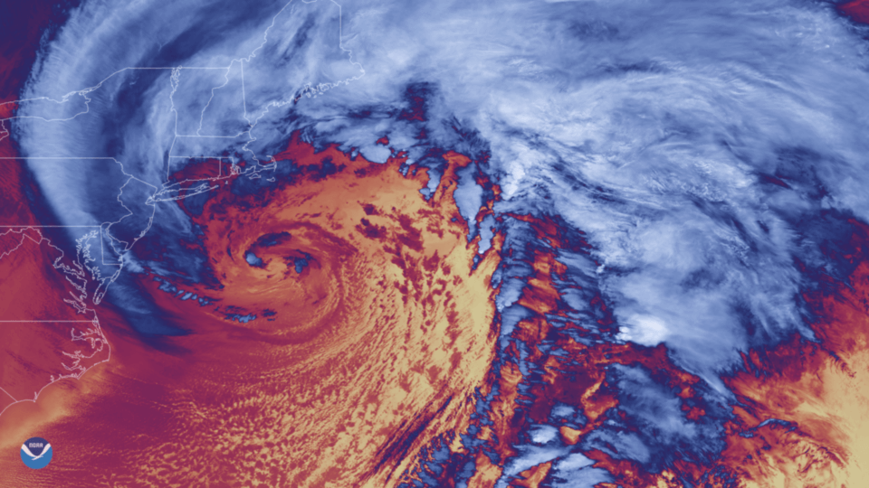 a satellite image of a noreaster with colors representing differences in heat