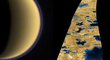 Titan's atmosphere hides the lovely lakes on its surface.