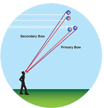 Drawing shows viewing angle for primary and secondary rainbows.