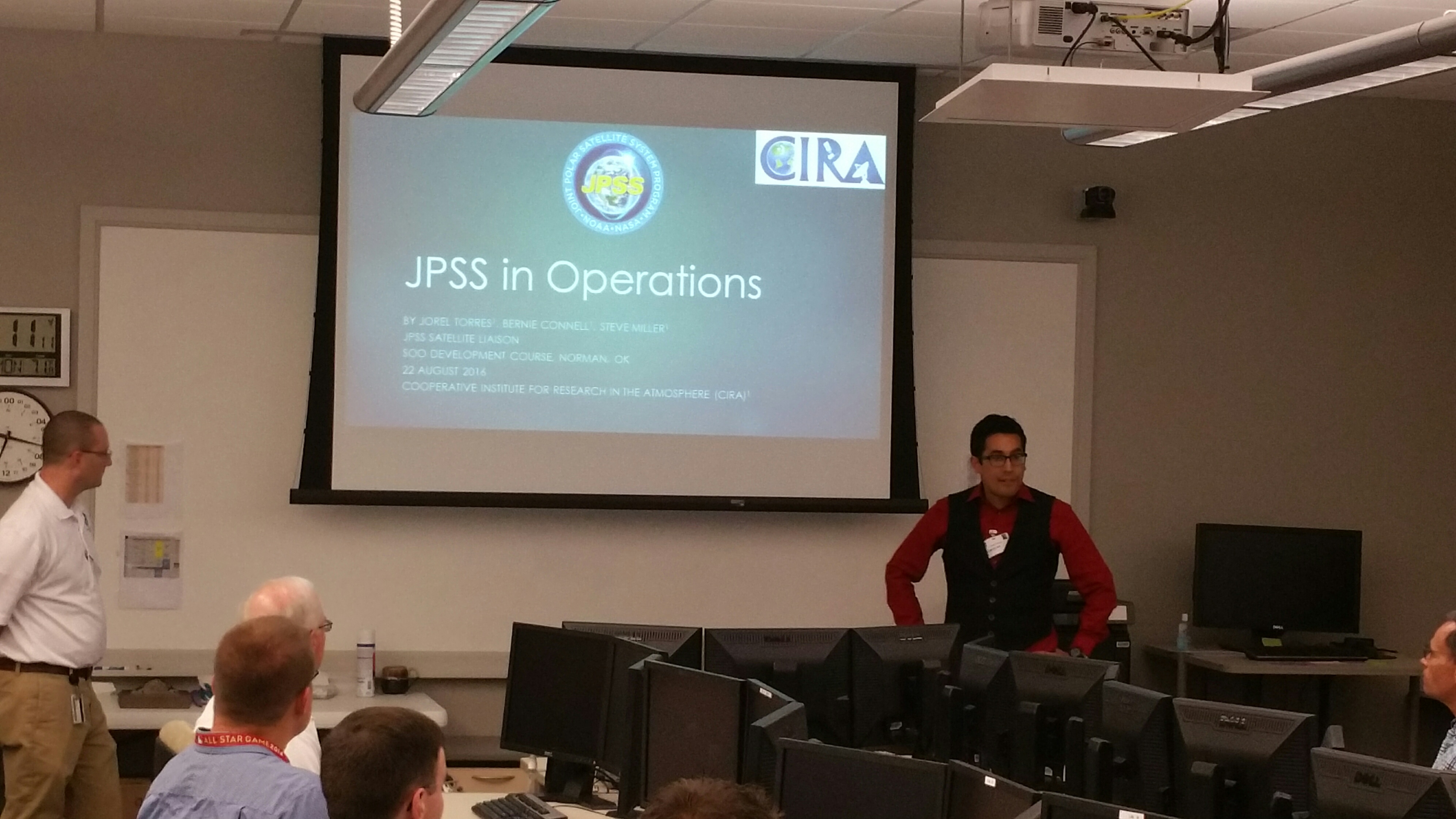 Jorel Torres speaking about JPSS products to National Weather Service (NWS) Science and Operations Officers (SOO) at the SOO Development Course in Norman, Oklahoma.