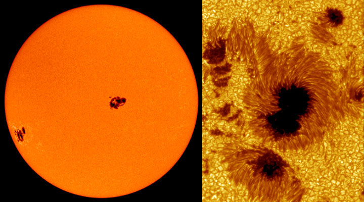 Image of Sun on left shows several dark spots. Image on right is closer view of sunspot area.