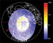 Pattern of colors shows yellow and white around North Pole, and blue extending down to mid-way to the equator.