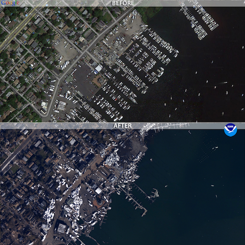 A photo of Staten Island before and after hurricane Sandy that shows boats further inland as a result of the flooding