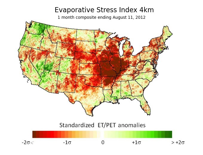 An ESI depiction of a 2012 flash drought across the Midwestern U.S. Red and brown colors indicate extreme moisture stress.