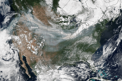 The image mosaic on the left of the slider bar shows visible smoke from wildfires on the West Coast of the blowing eastward across the United States. The image to the right of the slider bar shows the concentrations of airborne particles, or aerosols, from the fires that were swept west to east.