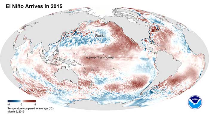 Satellite image shows warmer than average waters in the Pacific during February 2015.
