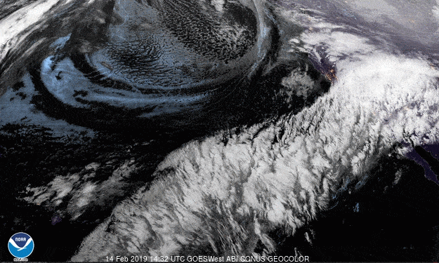 GOES-West imagery of an atmospheric river moving over California in February 2019.