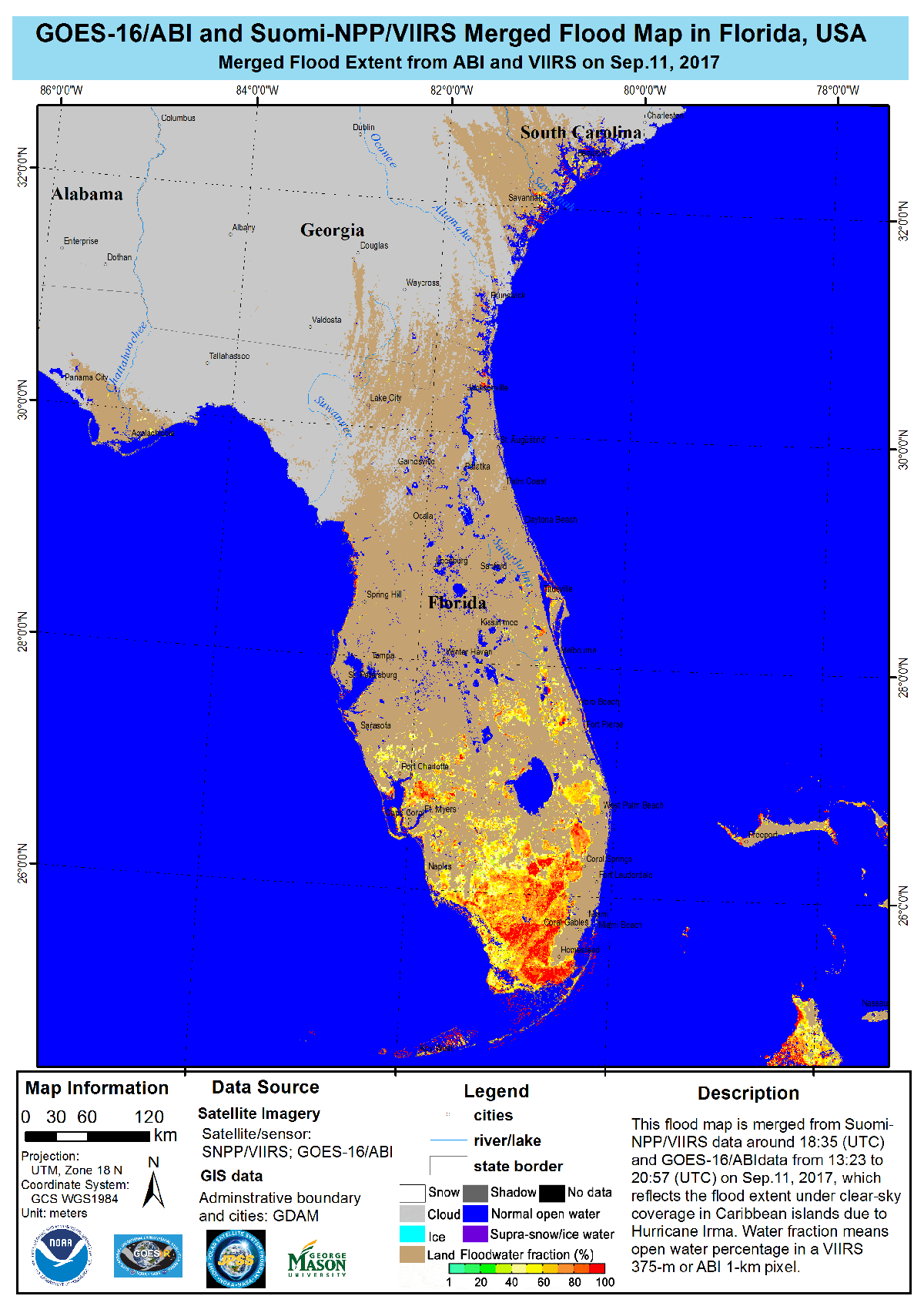 This flood map shows the impact of Hurricane Irma in Florida on Sept. 11, 2017. Colors correspond to the fraction of land covered by water, ranging from green (less than 30 percent) to red (more than 90 percent).