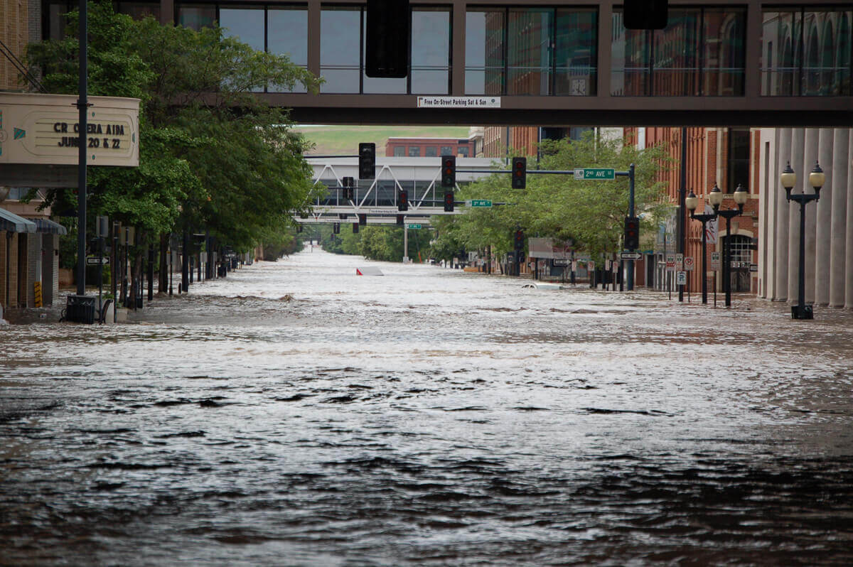 Flooding in the streets of downtown Cedar Rapids, Iowa.