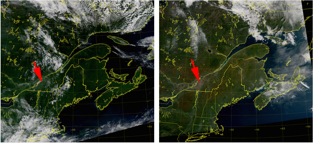 Satellite images of the northeastern United States before and after the leaves have changed color.