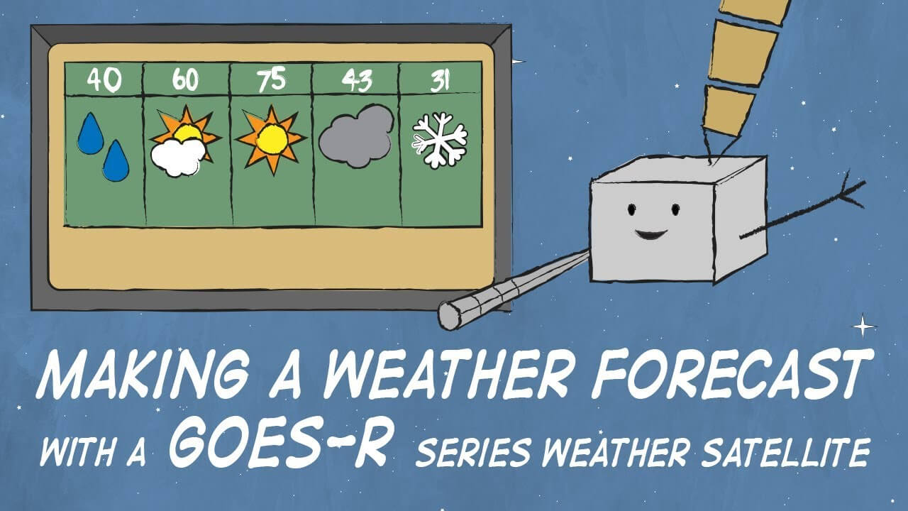 Cartoon of a GOES-R series weather satellite in front of a 5 day weather forecast board.