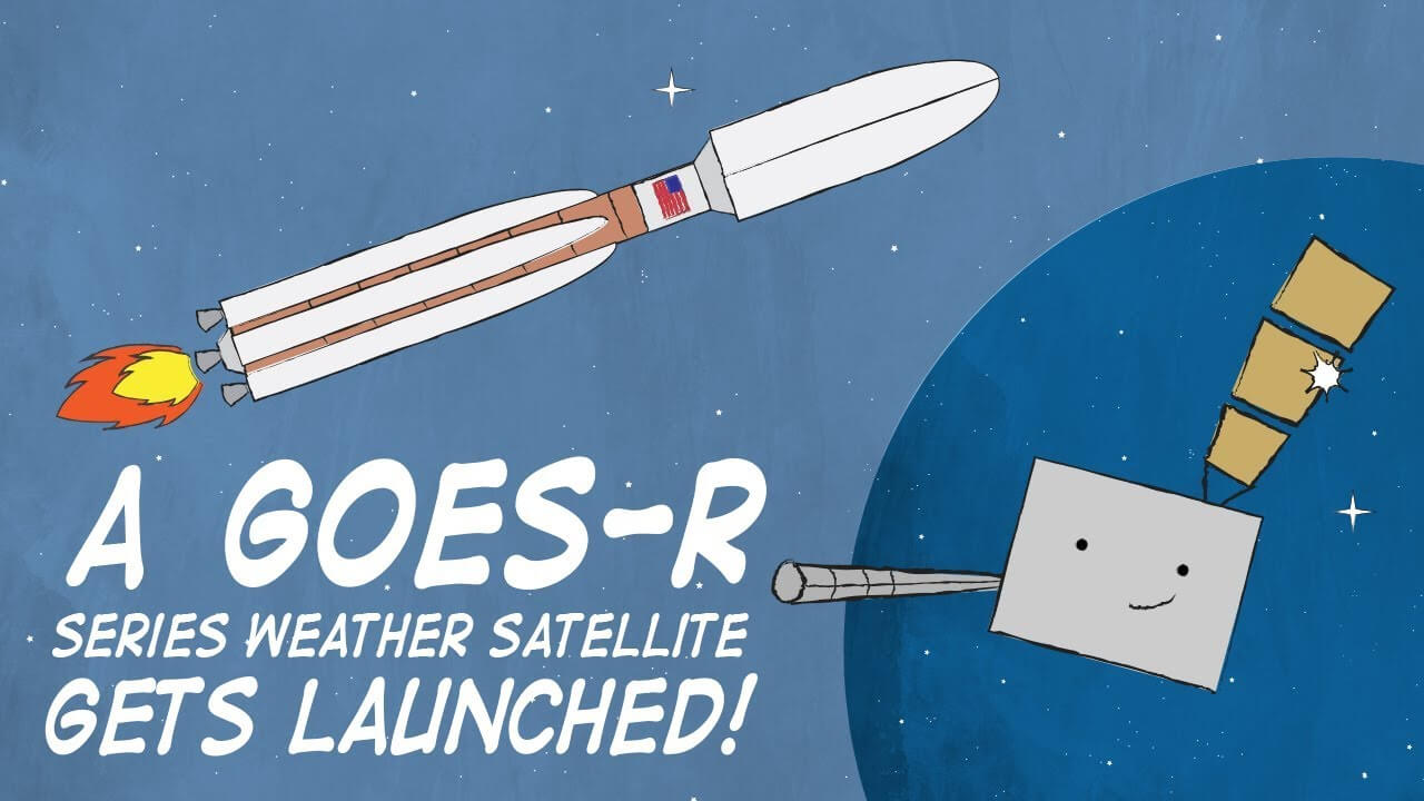 Cartoon of a GOES-R series weather satellite in space next to a rocket.