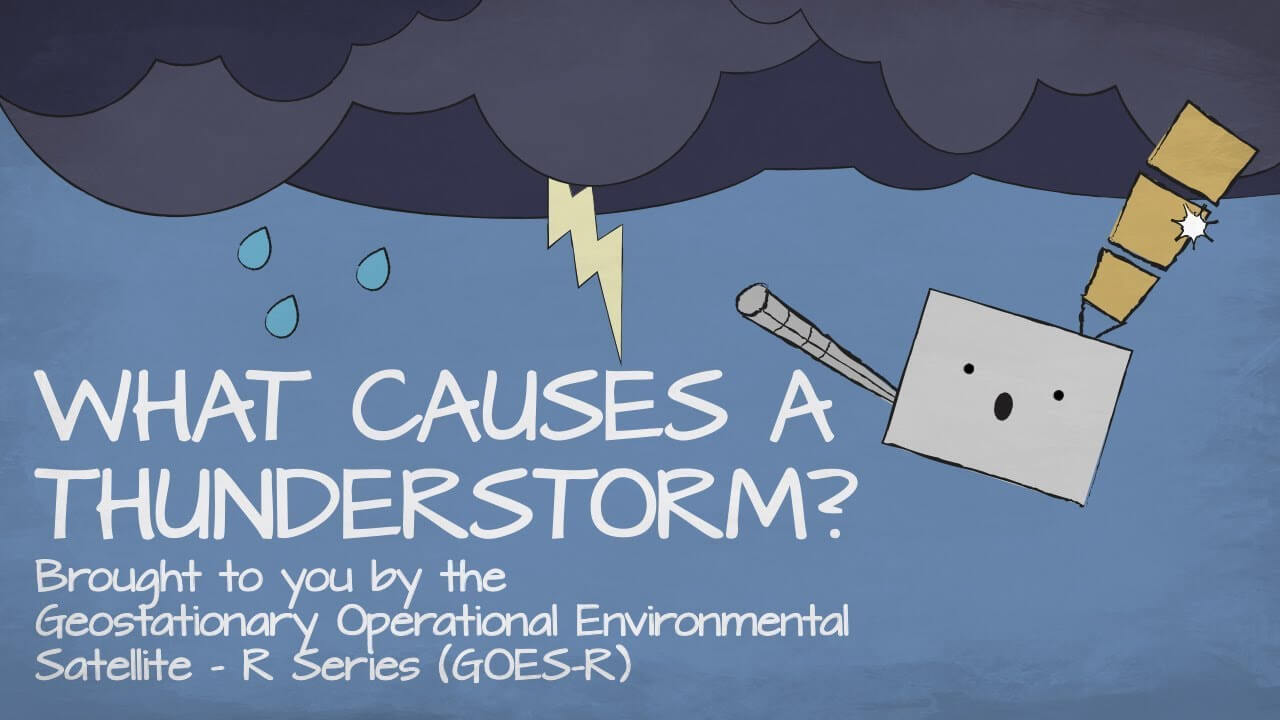 Cartoon of a GOES-R series weather satellite in a lightning storm.