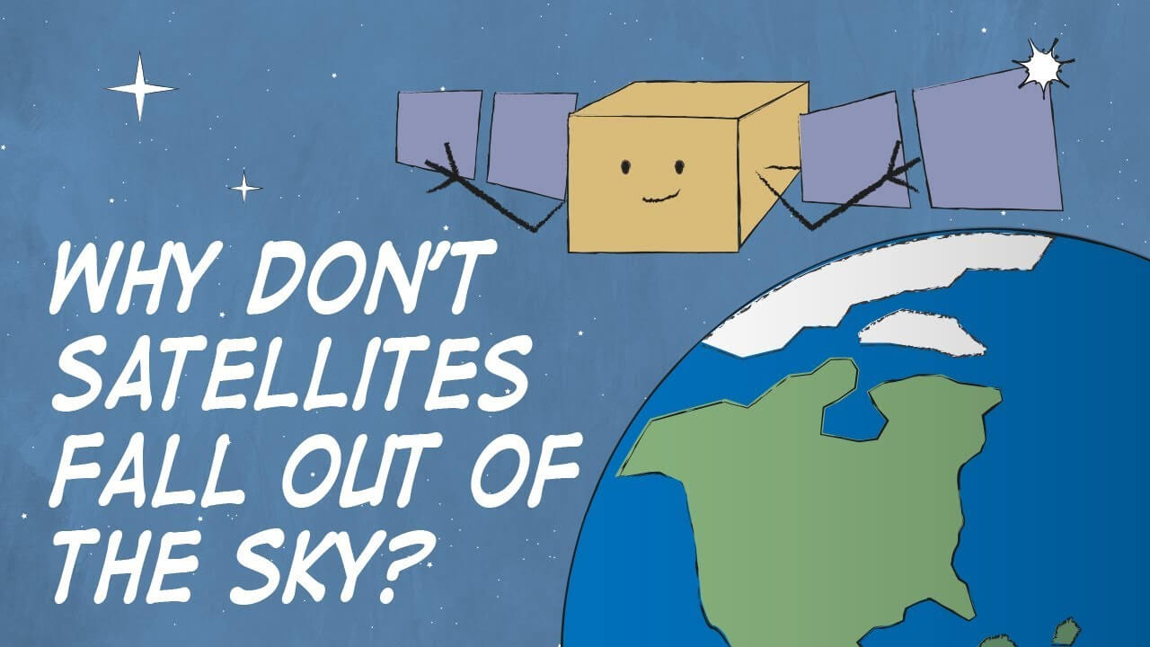 Cartoon of a GOES-R series weather satellite shrugging while orbiting Earth.