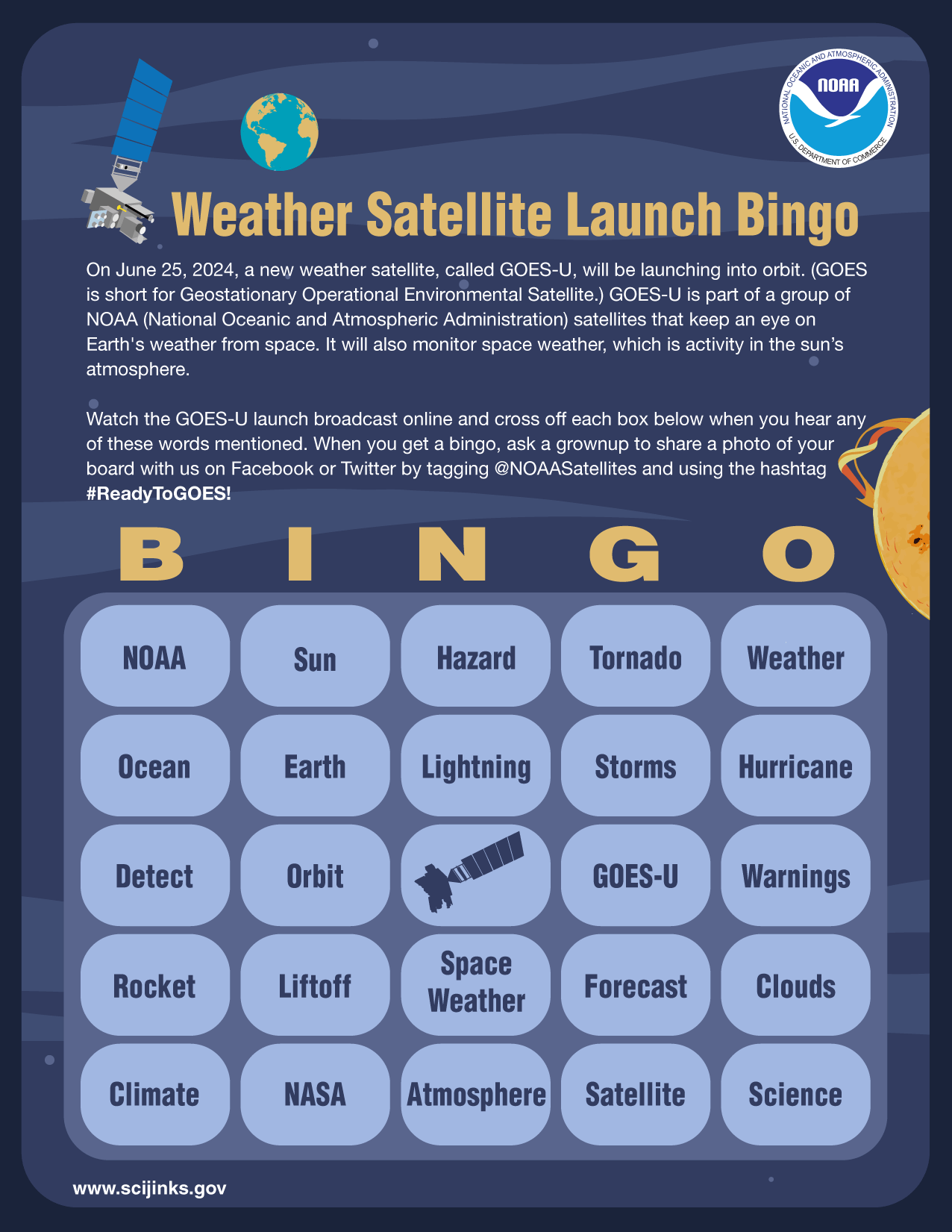 Color version of the Weather Satellite Launch Bingo card available for PDF download below.
