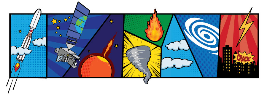 A comic-book style illustration of a rocket launching, the GOES-U weather satellite with a partial reflection of Earth in its solar panels, a sun with a bursting solar flare, a tornado, the flames of a wildfire, clouds, a hurricane, and lightning over a city with text that says Crack!