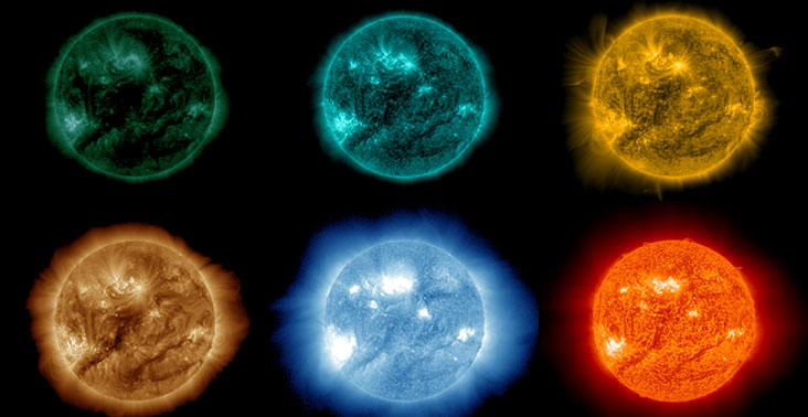 Image showing 6 different color composites of the sun captured by the GOES-16 SUVI instrument.
