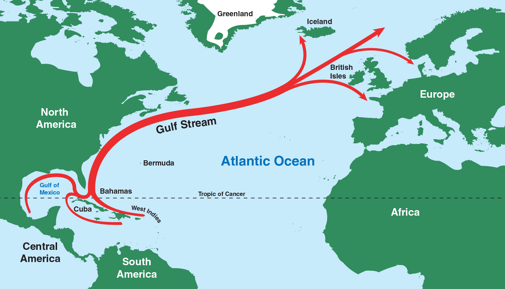 an illustration of the Gulf Stream beginning in the Gulf of Mexico and ending near the British Isles 