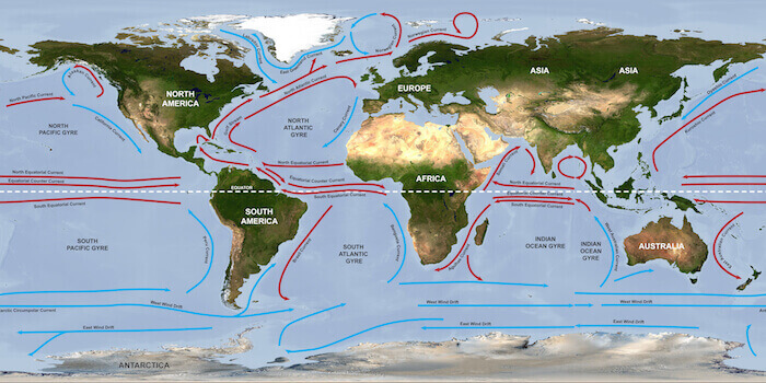 a world map showing the five oceanic gyres and how they impact ocean circulation
