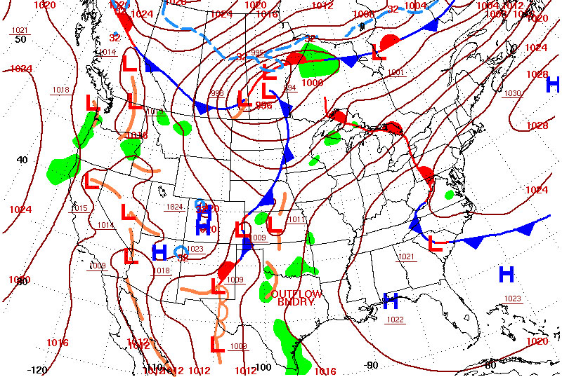 Weather map showing high and low pressure markers.