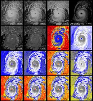 Sixteen different images of Hurricane Katrina, each looking a little different.