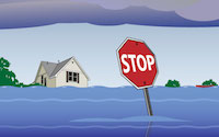 an illustration of a flooded house and stop sign