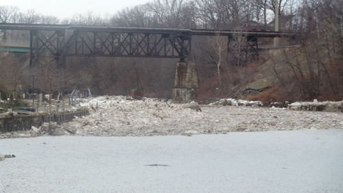 aan ice jam on the Rocky River in Cuyahoga County, Ohio