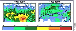 Image on left shows many more lightning hits over the Gulf of America than does the image on right.