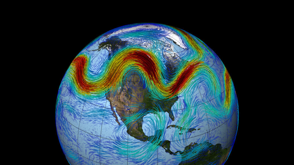 A visualization of the Northern Hemisphere's polar jet stream swirling weather patterns from west to east across North America.