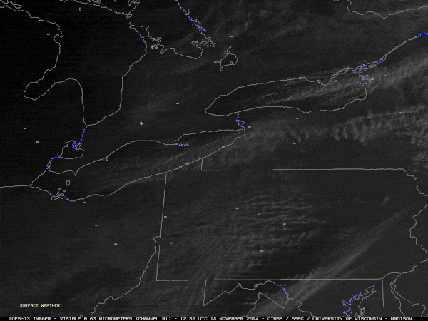 satellite animation of Great Lakes during lake effect snow.