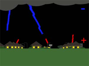 Still image from animated drawing showing lightning descending from cloud and positively charged streamers reaching up from tall objects on the ground.