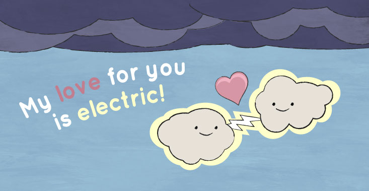 Two clouds with lightning and a heart between them and text that reads My love for you is electric!