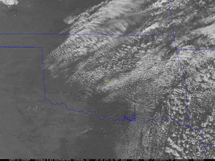 Imagery captured by the GOES-14 weather satellite that shows thunderstorms growing rapidly near Oklahoma City.