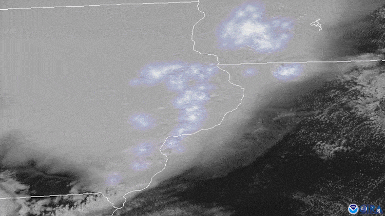 This animation was captured by NOAA’s GOES-16 weather satellite and shows the long line of storm clouds moving across the Midwest with many flashes of lightning.
