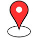 Cartoon drawing of a red location pin, with a black ring circling the area beneath the pin.