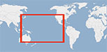 Rectangular map of the world with continents colored white and the ocean colored blue. An outline of a rectangle, colored red, is positioned over the Pacific Ocean.