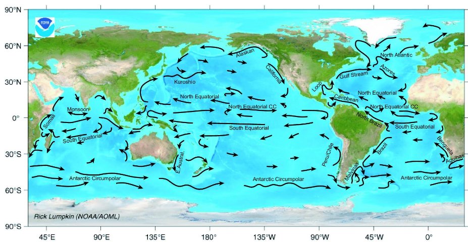 A world map with black arrows depicting major ocean surface currents, and their names.