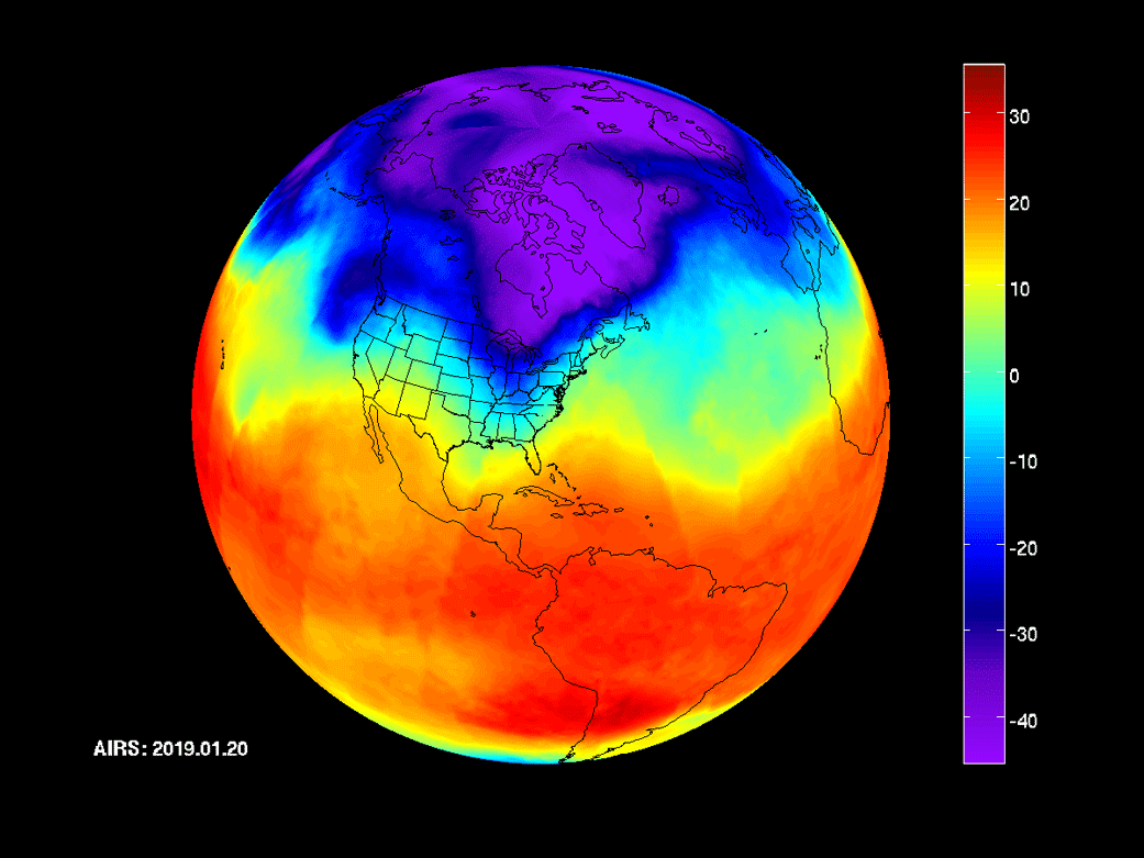 An animation shows a multicolored globe of Earth. Cold air is shown in blue and purple blowing south from Canada into the U.S.