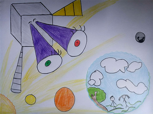 User submitted drawing of GOES-T with large bulging eyes looking at Earth.