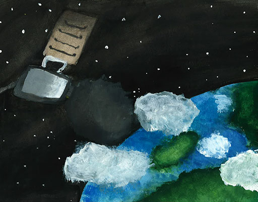 User submitted drawing of the GOES-T spacecraft orbiting Earth with many clouds visible.