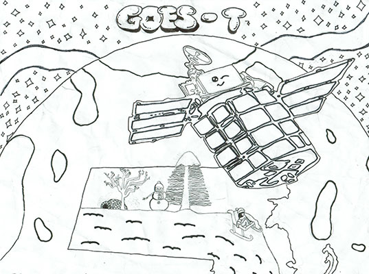 User submitted drawing of the GOES-T spacecraft above Earth with Massachusetts drawn in.