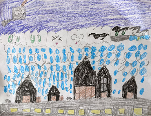 User submitted drawing of GOES-T with a face above various clouds with faces that are raining on a city.